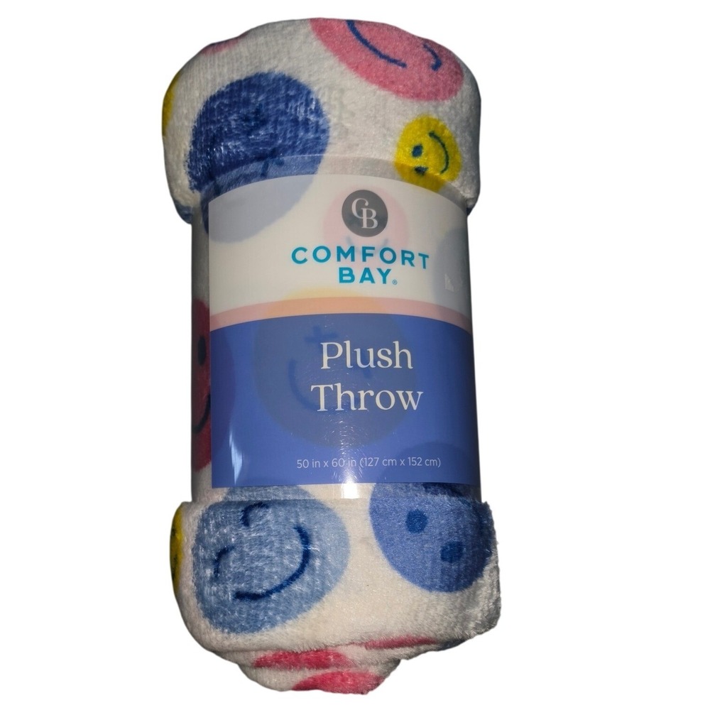 Comfort Bay Plush Throw Blanket Smiley Face Multi Color 50x60 Soft Fleece New